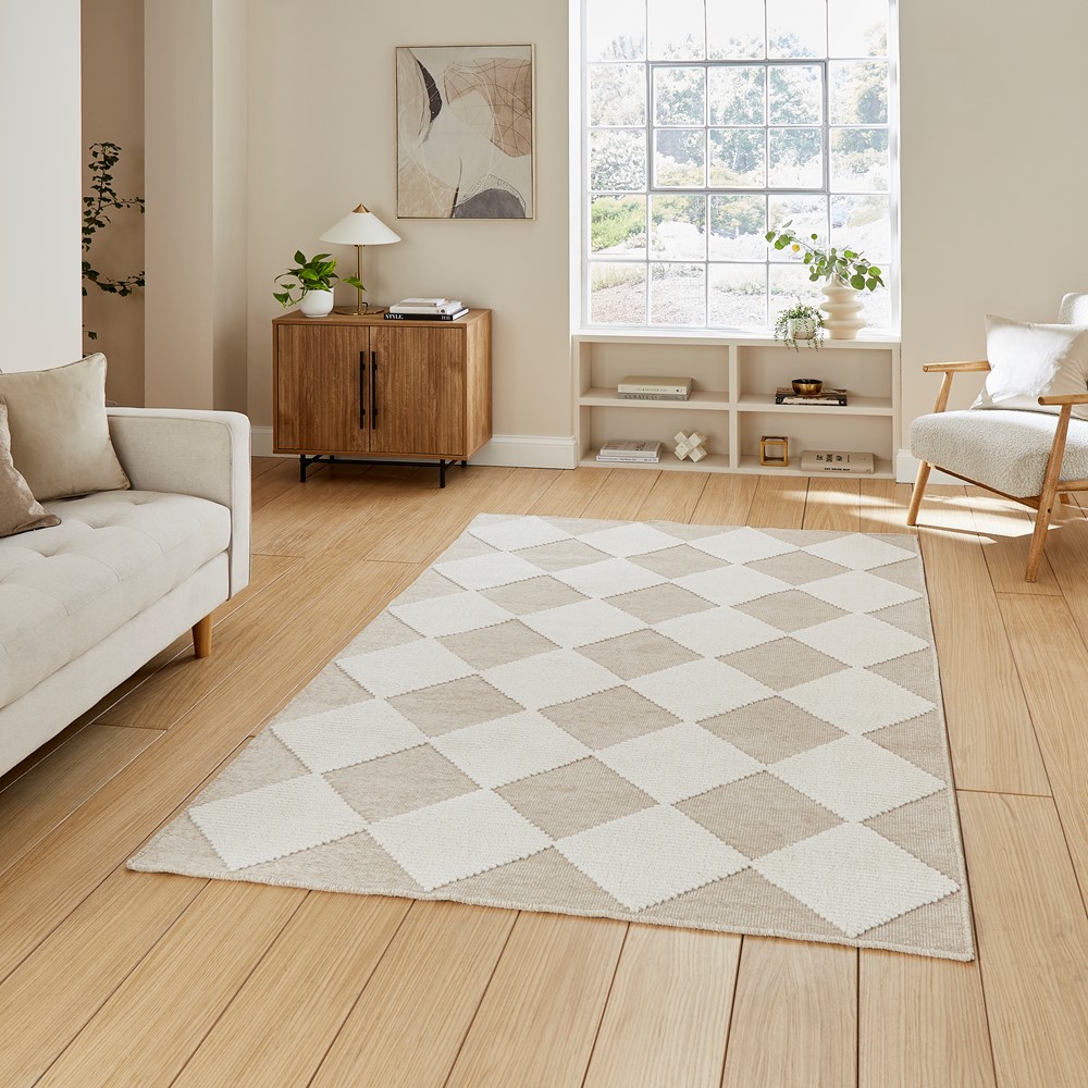 Lyna J0529 Textured Geometric Washable Rugs in Beige White